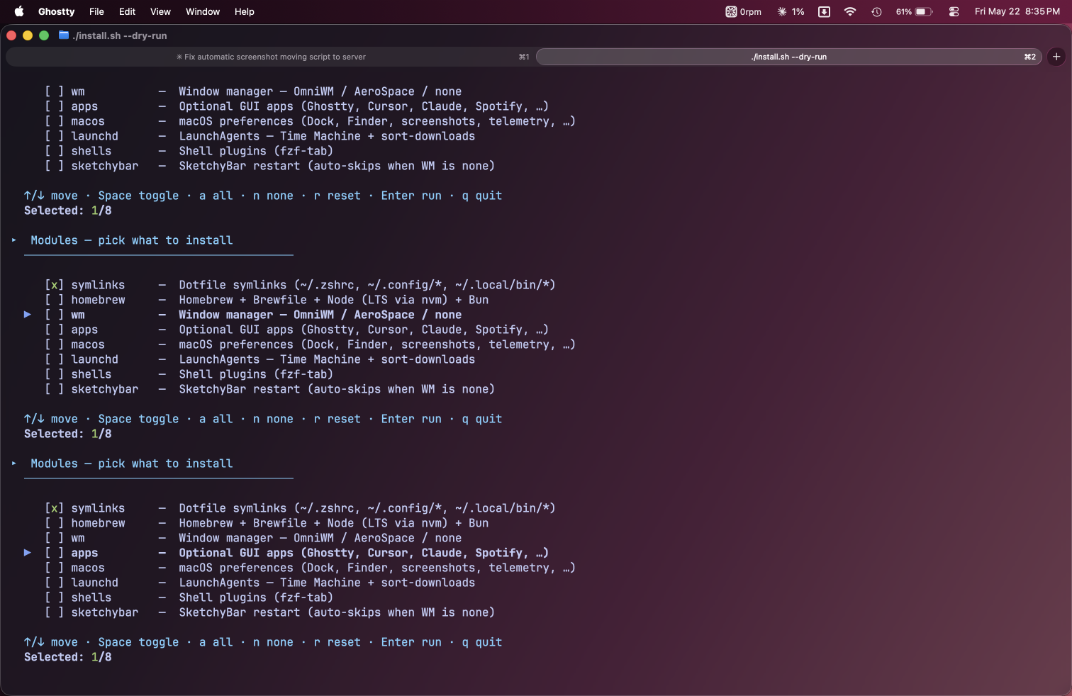 install.sh interactive module picker